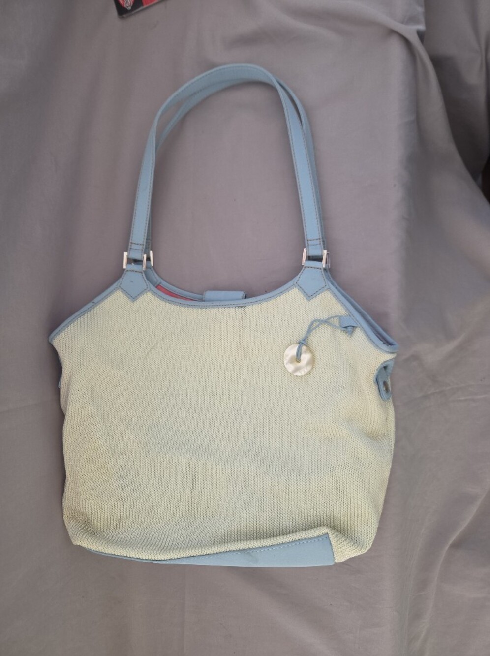 Light Blue Strap Cream Knit Purse By The Sak